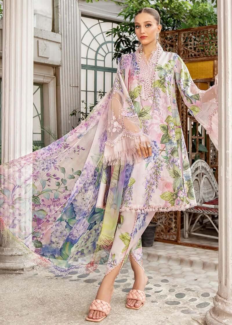 3 Piece Unstitched Embroidered Lawn Suit Fine Premium Silk Dupatta Naqoosh.pk